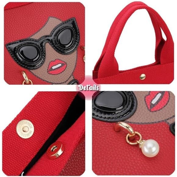 Quirky Lady Face Handbag - PU Leather Satchel, Top Handle Shoulder Bag-Red - Picture 5 of 6